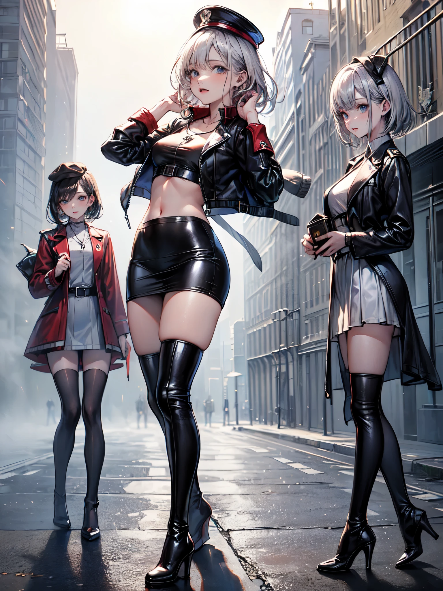 4 girls walking on a empty road with spicy outfit at night and have big breast and are exposed