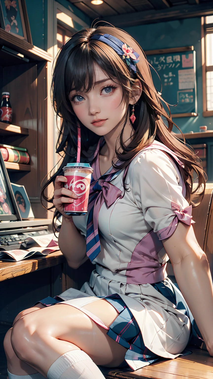 BEAUTIFUL GIRL, IN CAFETERIA TAKING MILK SHAKE, LONG HAIR, INTRICATE COMPLEX DESIGN FASHION CLOTERS, HIGH RESOLUTION IMAGE, HIGH SHARPS, 8K, PFOTO REALISM --auto --s2