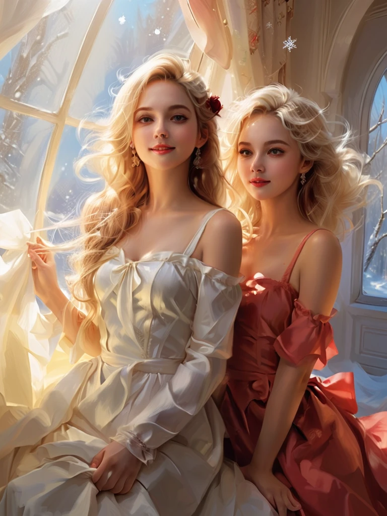  A beautiful space that makes you think it's out of this world、2 beautiful blond women 、One is in a white dress and the other is in a red dress、Winter Morning、Sparkling snow