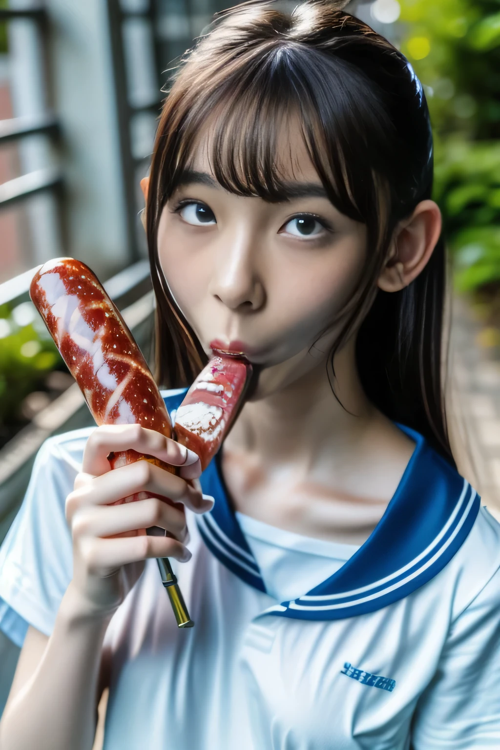 masterpiece, best quality, intricate details, extremely detailed, cinematic lighting, solo, 1girl, a 16yo Japanese schoolgirl, White skin, (oral, blowjob, deepthroat, french bread in hand, shovel a big sausage into mouth, fully open mouth:1.4), (large breasts, ), dark hair, twintail hair, cute face, extremely detailed face, beautiful detailed eyes, sophisticated nose, pale skin, fine-textured skin, sweaty, shiny skin, photo background, at bed, school uniform, school uniform, japan, jav, deep throat, 