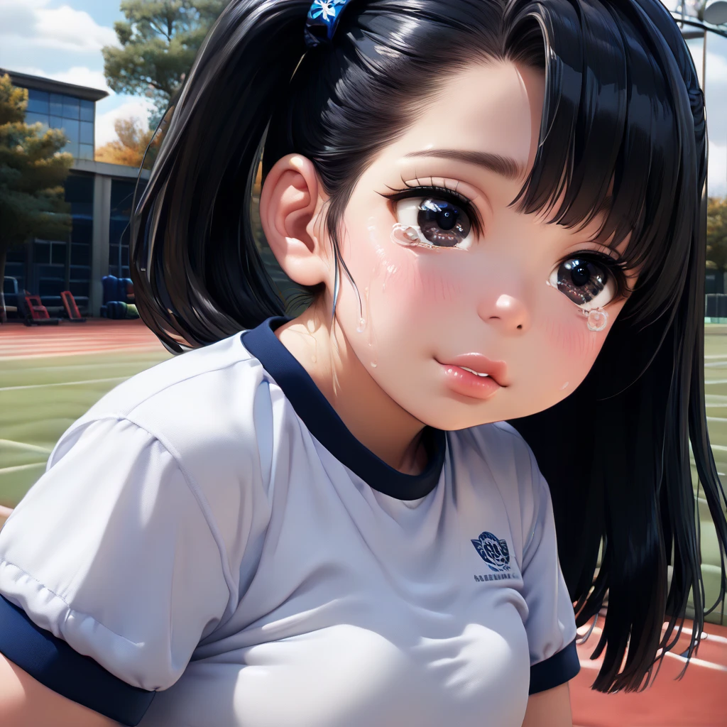 (1girl:1.3), Masterpiece, Best quality, amazing beauty, 4K, absurdres, finely detail, super detailed eye, perfect anatomy, official art, cinematic lighting, BREAK, park, silky side ponytail, (black hair:1.5), super shiny detailed black eye, (((Eyes without black eyes))), (((watery eyes))), (((tareme))), Half-open eyes, ((shed tears:1.2)), (Enchanted eyes), ((plump lips)), half-open eyes, (((Plump face))), (((round face))), young face:1.2, BREAK , usually, Young body, , BREAK , ((((Small white gym shirt for students))):1.2), BREAK,()