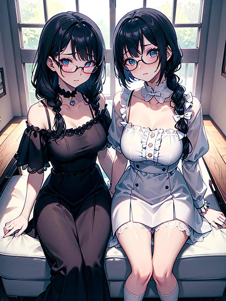 ultra-detailliert, Best Quality, High resolution, ((two cute girls with black hair)), Pretty eyes、Detailed eye depiction、Looking at Viewer, pale skin, Petite,（naked white wedding dress）、（I'm not wearing panties）、(flat chest), (Glasses), (blush:1.2), Blue eyes, huge smile, NSFW,　a bed、Focus on the face、cute long hair, Sit down and kneel up、