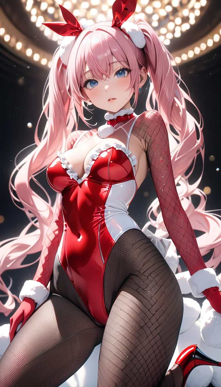 Silver hair, pink eyes, woman, sun and cloud background, red clothes, hair bows, happy face, mermaid outfit, sexy, cat ears, hearts, floating hearts, thigh up, thigh high tights