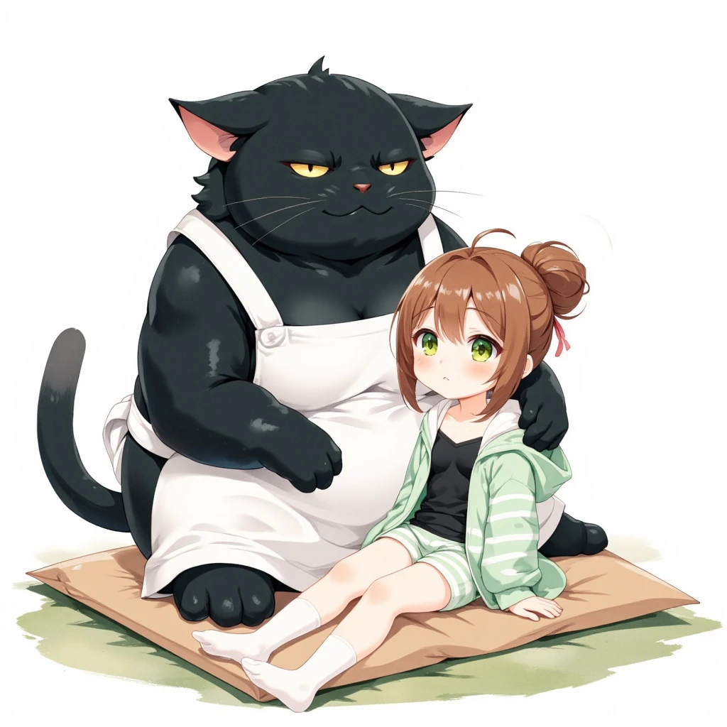 Watercolor painting illustration, full body, A big-black-cat and A cute-young-girl are sitting on cushion, A big-black-cat is 1cat\(A fat furry male black cat, wearing a white apron with long sleeves, His Ears tilted back and spread out to the sides, drooping ears, Slit yellow eyes, slit eyes, slit yellow eyes\), A cute-young-girl is 1girl\(brown hair, asymmetrical hair, updo, Lime Green eyes, A light green horizontal striped open-front hoodie over a black camisole, Light green striped shorts, White thigh high socks, wariza\), simple white background