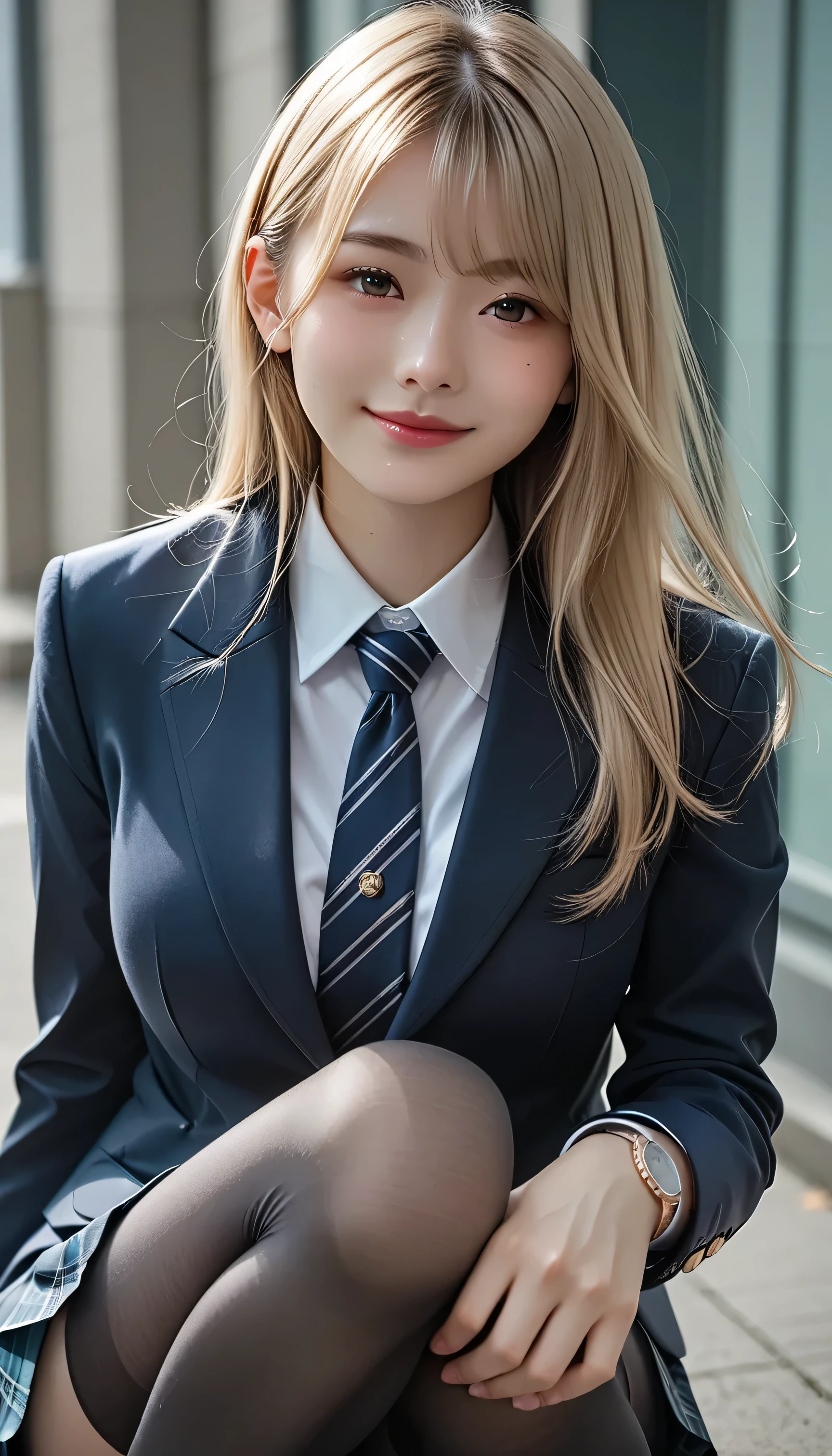   score_9,  score_8_up,  score_7_up, super detailed,  BREAK Complete Anatomy  , 32K,    masterpiece   ,  top quality, super high definition ,  Beautiful Face and Eye Details,  beautiful Japanese woman ,  blonde hair , invalid,smile, steam,   school uniform  ,  blazer,   modern style fitted jacket included,short skirt and tights,  With his hands on his back , Big Breasts ,  slouching forward ,From a viewpoint,  watches viewers,town