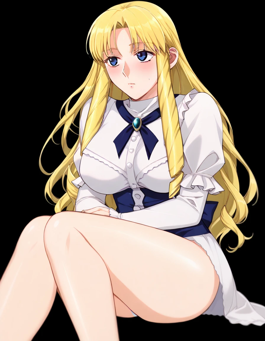 kazuyakiroda, score_7_up, source_anime, very aesthetic, absurdres, rating explicit, 1girl, solo, looking away, blush, (simple black background), sherry_belmont, blue eyes, drill hair, long hair, blonde hair, loose hair, straight hair, large breasts, underwear, sitting