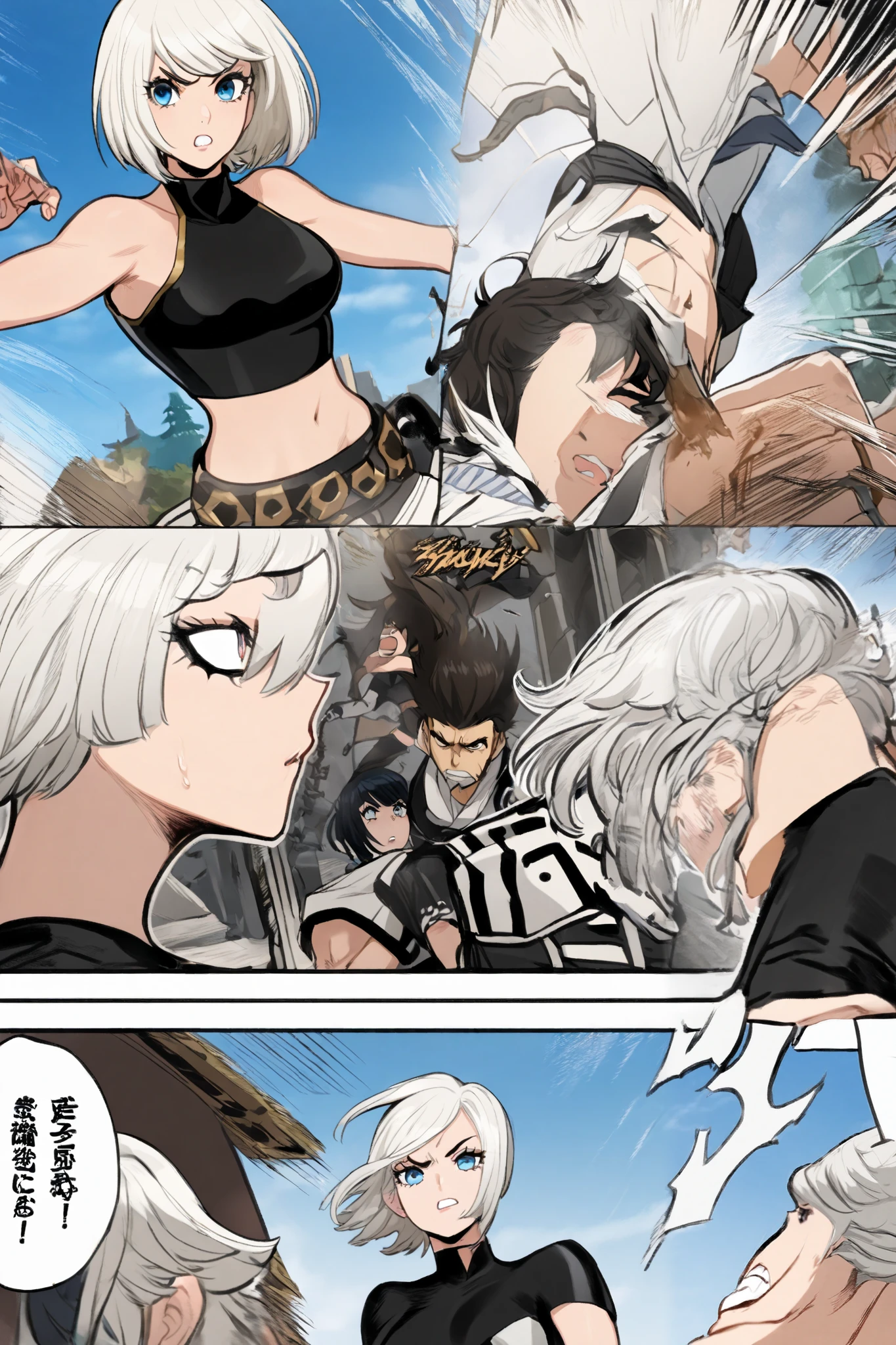 A girl and a boy, the female character has short hair, white with blue, she is wearing a cropped top, and is fighting the male character, the male character has white hair, A black outfit, blue sky scenery, (HD), (lots of details), manga, comic book style, fighting poses 