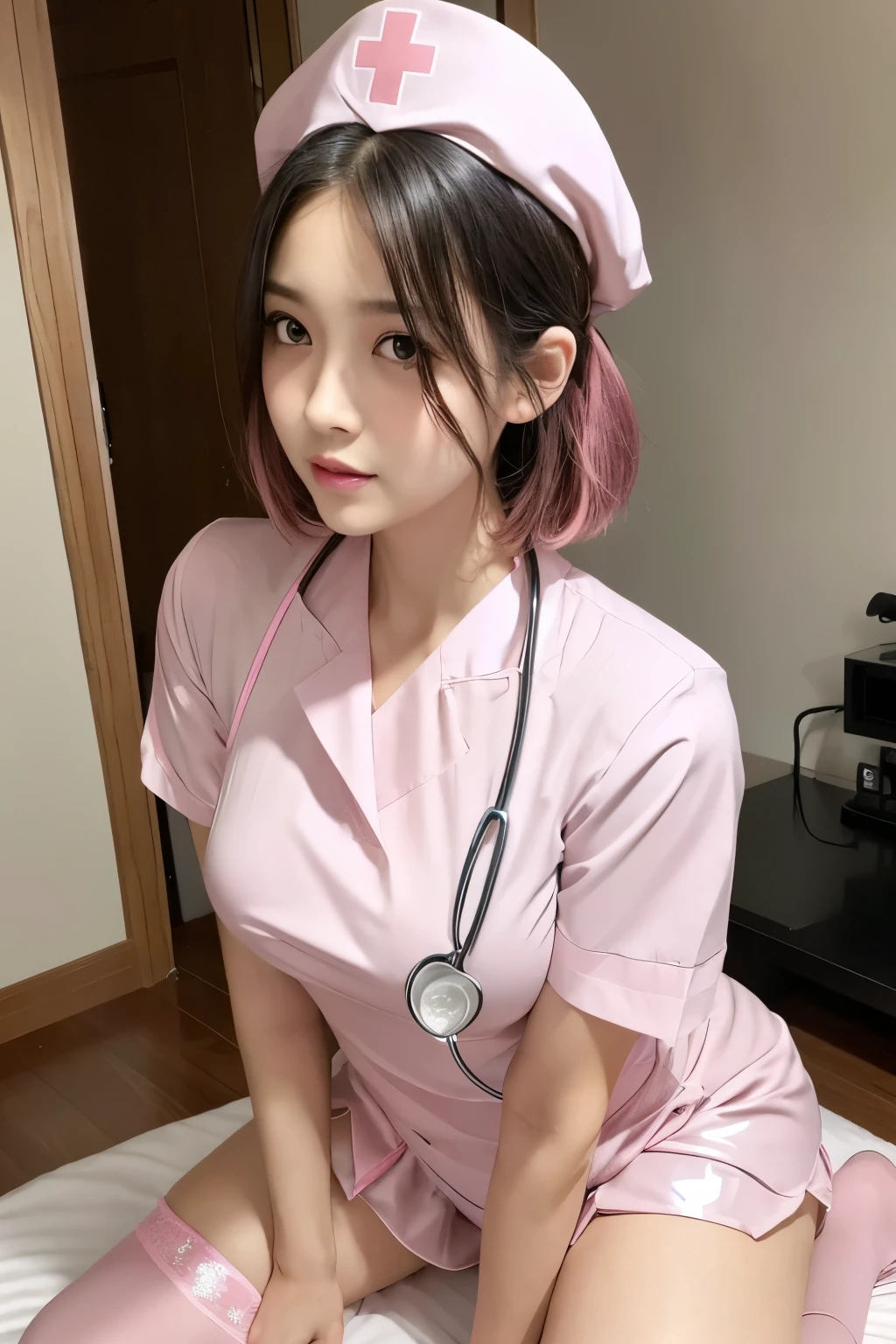 A woman with animal ears wearing a nurse's uniform. Long pink-brown hair. The nurse's uniform is knee-length, not emphasizing her chest, giving a pure feeling. Kawaii idol face, natural anime face. 2.5D Beautiful woman with an innocent, refined face. The model is Hatsune Miku from Japanese Vocaloid. Realistic anime style. In a hospital, inside a hospital. 8K high-quality, realistic airbrush art. Full body pose. Cat pose. Perfect recreation. Accurate recreation. Detailed image. Hands clenched into fists in front of the body.