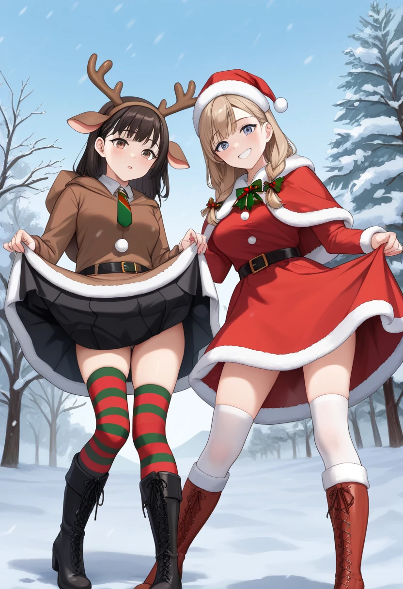 2girls, multiple girl, A powerful standing posture,  skirt lift, Stand with feet apart, cowboy shot, from below, BREAK, 1girl, Santa costume, Shoulder Bare, long sleeve,  stripe thighhighs, Santa hat, Santa boots, White fake  Beard, BREAK, 1girl, Headband with reindeer antlers, reindeer costume, Red round fake nose, brown Hooded parka, Brown fur skirt,black leather boots, cow bell tie, BREAK, Santa claus village, snow, Finland, BREAK, detail illustration, score_7, score_8, score_9