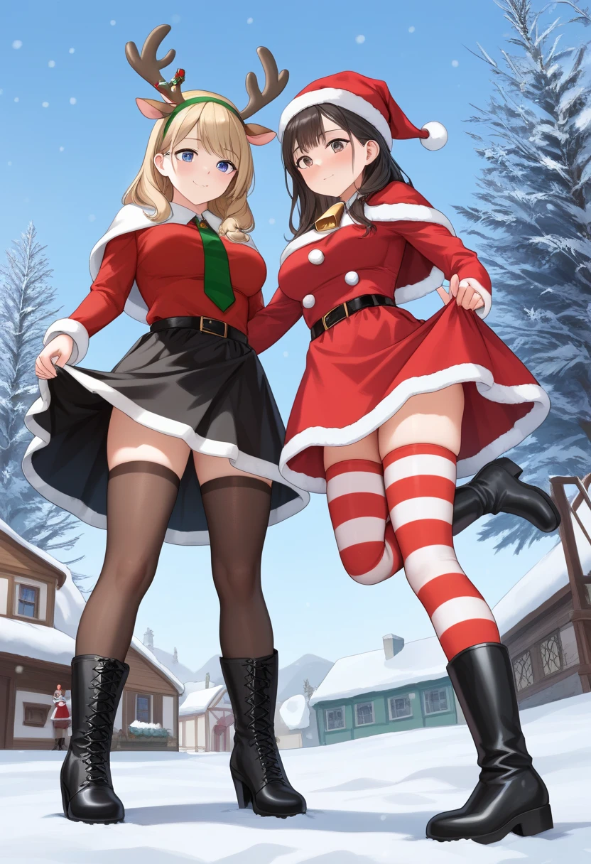 2girls, multiple girl, A powerful standing posture,  skirt lift, Stand with feet apart, cowboy shot, from below, BREAK, 1girl, Santa costume, Shoulder Bare, long sleeve,  stripe thighhighs, Santa hat, Santa boots, White fake  Beard, BREAK, 1girl, Headband with reindeer antlers, reindeer costume, Red round fake nose, brown Hooded parka, Brown fur skirt,black leather boots, cow bell tie, BREAK, Santa claus village, snow, Finland, BREAK, detail illustration, score_7, score_8, score_9