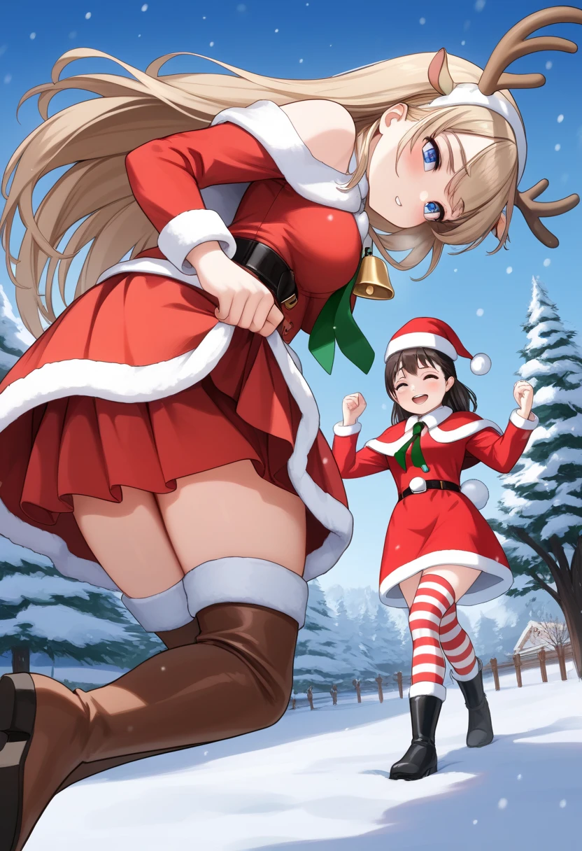 2girls, multiple girl, A powerful standing posture,  skirt lift, Stand with feet apart, cowboy shot, from below, BREAK, 1girl, Santa costume, Shoulder Bare, long sleeve,  stripe thighhighs, Santa hat, Santa boots, White fake  Beard, BREAK, 1girl, Headband with reindeer antlers, reindeer costume, Red round fake nose, brown Hooded parka, Brown fur skirt,black leather boots, cow bell tie, BREAK, Santa claus village, snow, Finland, BREAK, detail illustration, score_7, score_8, score_9