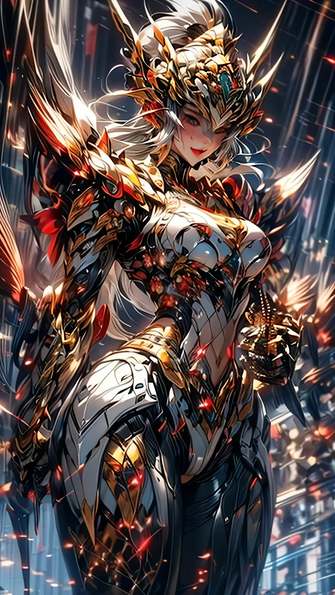 ((best quality)), ((masterpiece)), (detailed), 1 girl, Girl,Long blond hair,Green Eyes,Wearing grey steampunk armor,Holding a long sword,Background is the ruins of the city。