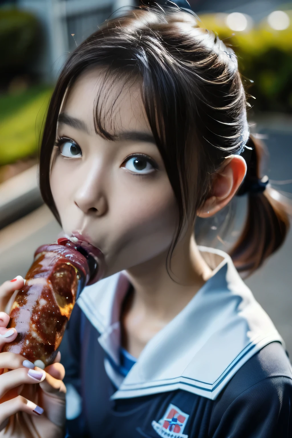 masterpiece, best quality, intricate details, extremely detailed, cinematic lighting, solo, 1girl, a 16yo Japanese schoolgirl, White skin, (oral, blowjob, deepthroat, french bread in hand, shovel a big sausage into mouth, fully open mouth:1.4), (large breasts, ), dark hair, twintail hair, cute face, extremely detailed face, beautiful detailed eyes, sophisticated nose, pale skin, fine-textured skin, sweaty, shiny skin, photo background, at bed, school uniform, school uniform, japan, jav, deep throat, 