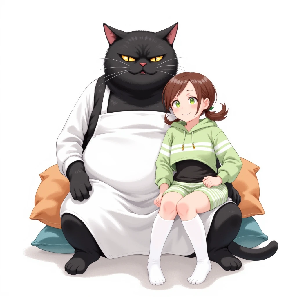 Watercolor painting illustration, full body, A big-black-cat and A cute-young-girl are sitting on cushion, A big-black-cat is 1cat\(A fat furry male black cat, wearing a white apron with long sleeves, His Ears tilted back and spread out to the sides, drooping ears, Slit yellow eyes, slit eyes, slit yellow eyes\), A cute-young-girl is 1girl\(brown hair, asymmetrical hair, updo, Lime Green eyes, A light green horizontal striped open-front hoodie over a black camisole, Light green striped shorts, White thigh high socks, wariza\), simple white background