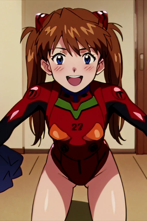 (( top quality)), ((masterpiece)), (be familiar with),  perfect face, indoor, bedroom,  watching viewers,
One woman,  Soryu Asuka Langley,
 open mouth,  with an ecstatic expression , blush, smile,
 small tits,  flat chested, Young girl, Lori,  s,  girl,
 long hair,  twin tails,
Leg spread,