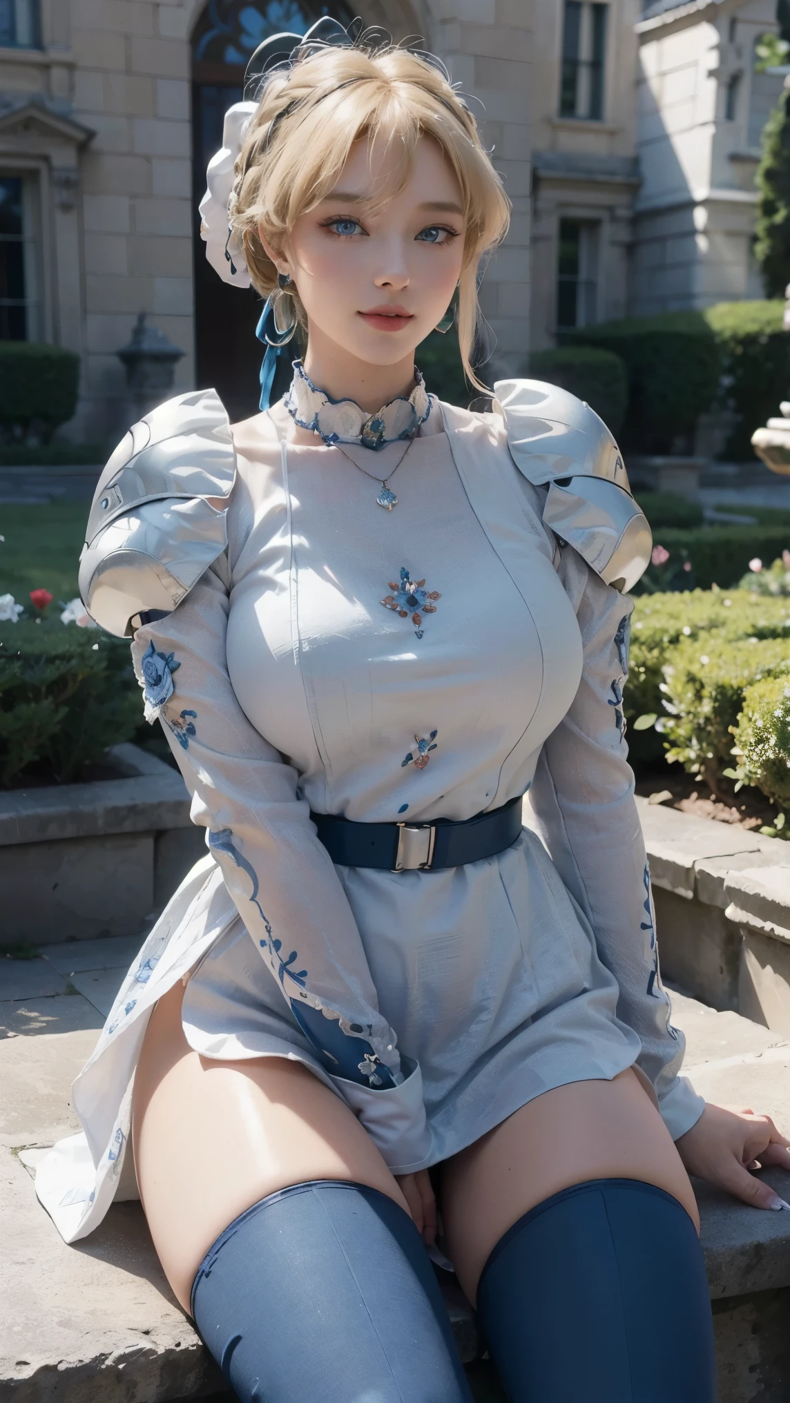 Asuma Toki,(best qualityer,4K,8k,high resolution,work of art:1.2)(weather: windy), Mondstadt castle background, rose garden, full knight armor, blue long sleeve knight top, long dress trail, knight chest armor, elbow long arm guards, rose embroidery, thigh high stockings, knight boots, necklace, loop earrings, cheek mole, short wavy hair, blonde hair, ultra detailed, realistic,portraite,beautiful detailed blue eyes, glowing eyes,blush,beautiful detailed lips,extremely detailed eye and face, long eyelashes,sexly,average, large breasts,beaming smile, flirty smile,powerful girl, elegant pose, stunning curves, bright coloured, dramatic lighting,