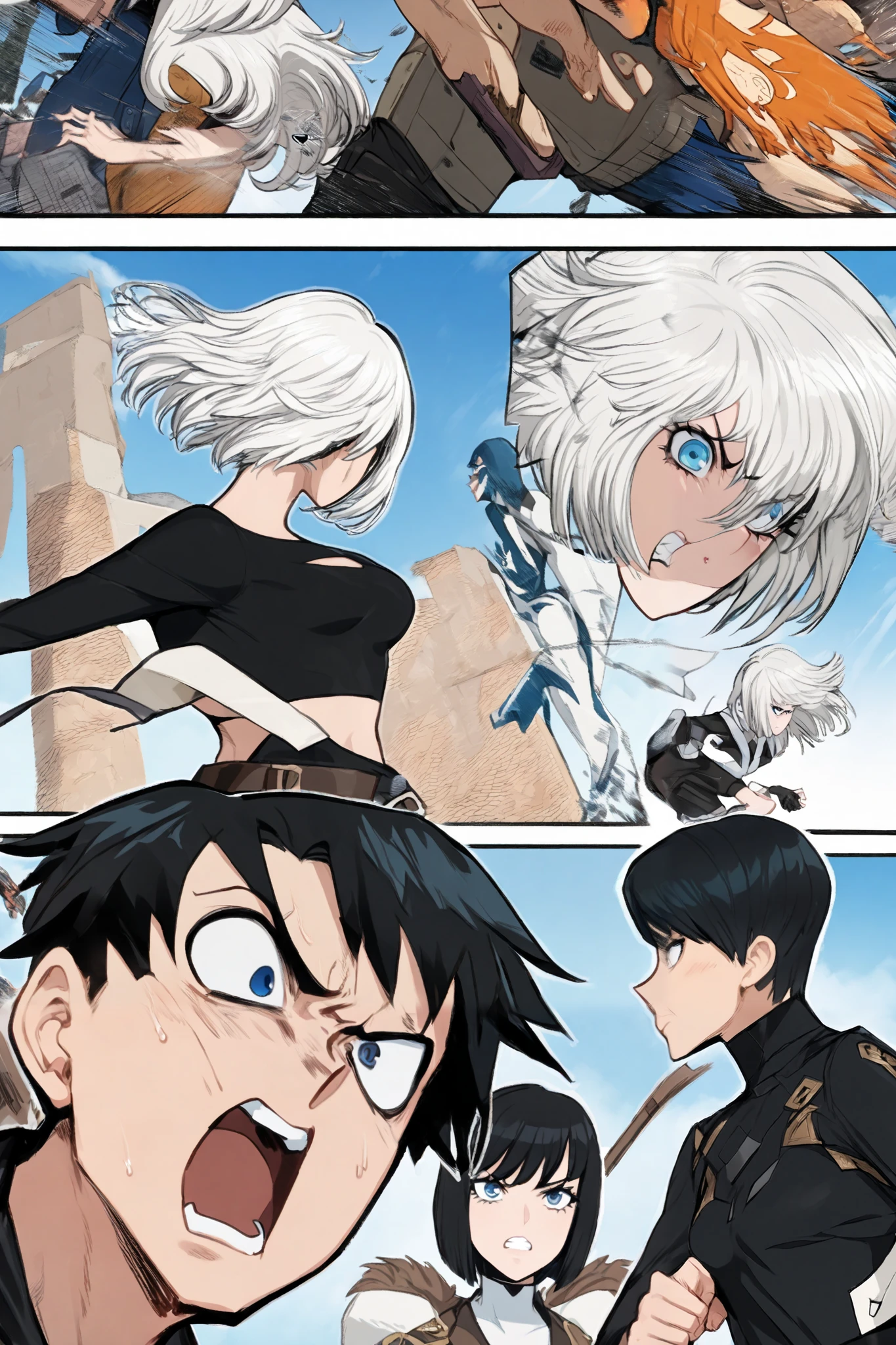 A girl and a boy, the female character has short hair, white with blue, she is wearing a cropped top, and is fighting the male character, the male character has white hair, A black outfit, blue sky scenery, (HD), (lots of details), manga, comic book style, fighting poses ,(Perfect anatomy)