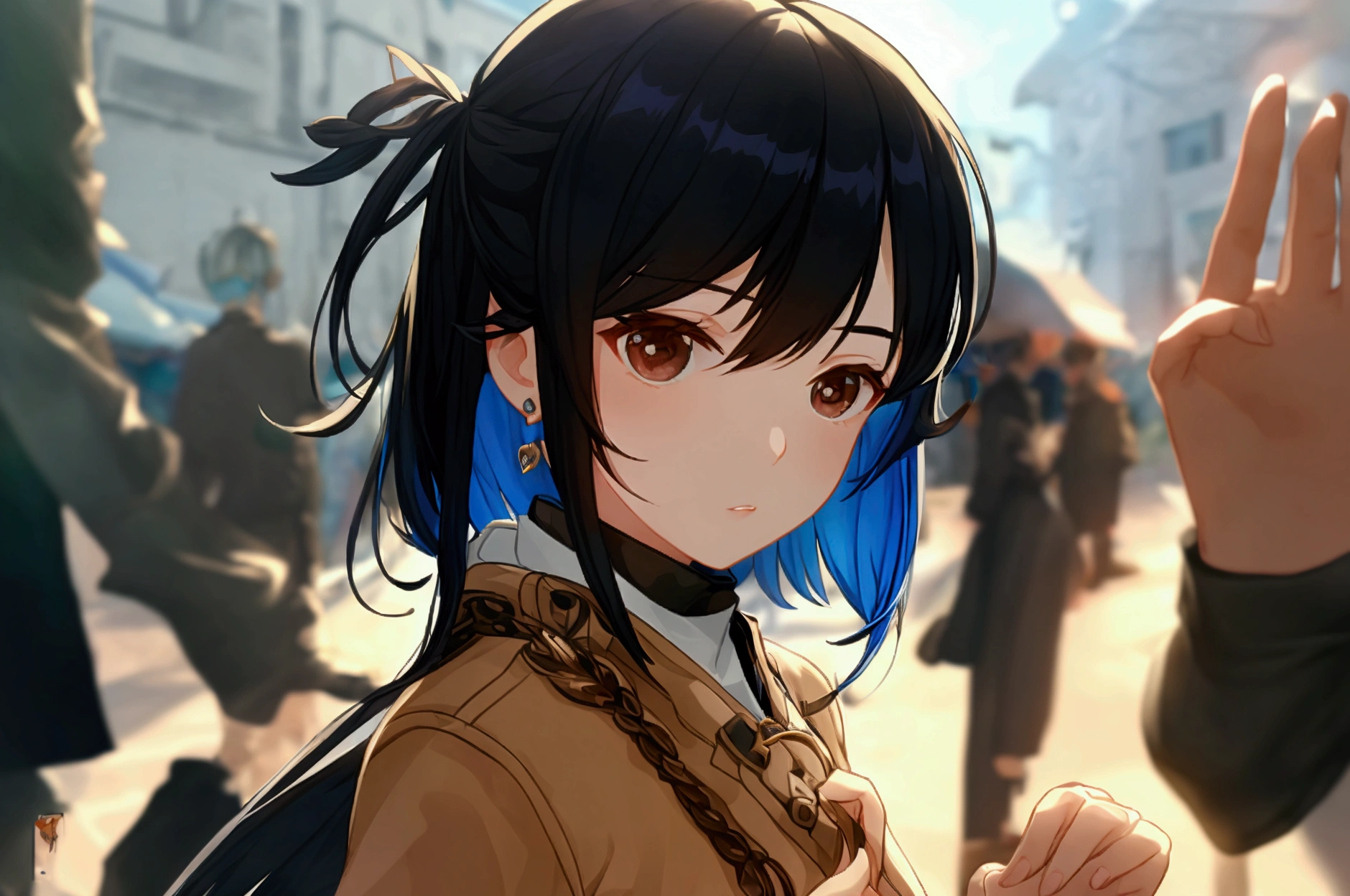 Characteristic,, ,  1 girl in uniform,  , bangs, black  skirt, black  sweater , Blue Claws, Blurred, Blurred background, chest,  brown eyes,  brown hair , brown  jacket,  Closed Her Mouth , day付付き, day,  depth of field,  earrings, eyelash, Raise your hand,  tilting your head ,  jacket,  jewelry,  long hair,  Long Sleeve ,  viewers holding dolls, medium chest, Manicure, Open clothes, open  jacket, Outdoor, Pursed lips,  shirts in, side lock,  skirt,  sleeves over the wrist , Alone,  sweater ,  upper body, zipper, , , ((masterpiece)), , 