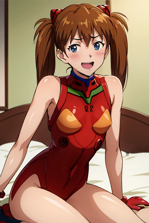 (( top quality)), ((masterpiece)), (be familiar with),  perfect face, indoor, bedroom,  watching viewers,
One woman,  Soryu Asuka Langley,
 open mouth,  with an ecstatic expression , blush, smile,
 small tits,  flat chested, Young girl, Lori,  s,  girl,
 long hair,  twin tails,
Leg spread,