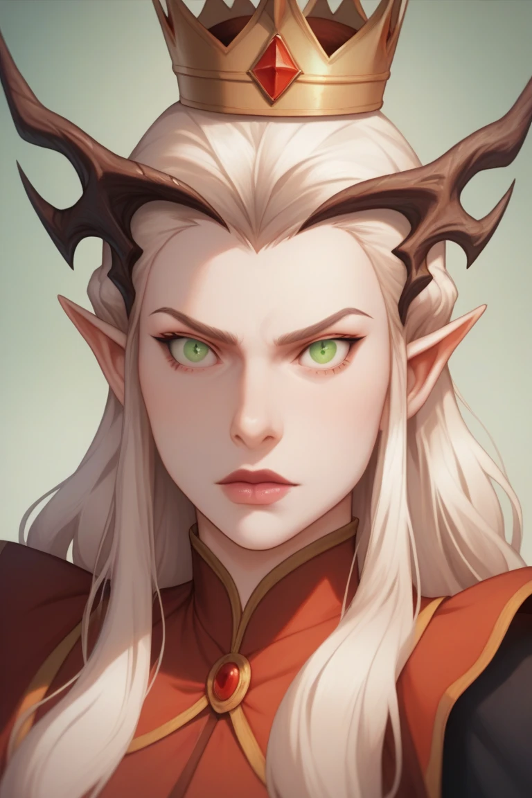 vox machina style, medieval fantasy. A elf Girl, 25 years old, Draconic Bloodline, Red sorcerer clothes, beautiful but severe face, detailed face, long pointy ears, ((pale skin)), green eyes, detailed eyes, European, orange long hair, detailed body, She wears a black iron crown, simple background, ((static pose)), ((portrait))solo, upper body, Detailed character, extreme attention to detail.