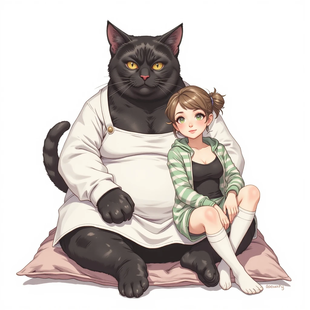 Watercolor painting illustration, full body, A big-black-cat and A cute-young-girl are sitting on cushion, A big-black-cat is 1cat\(A fat furry male black cat, wearing a white apron with long sleeves, His Ears tilted back and spread out to the sides, drooping ears, Slit yellow eyes, slit eyes, slit yellow eyes\), A cute-young-girl is 1girl\(brown hair, asymmetrical hair, updo, Lime Green eyes, A light green horizontal striped open-front hoodie over a black camisole, Light green striped shorts, White thigh high socks, wariza\), simple white background