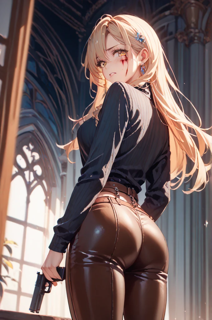 High resolution, Very detailed, perfect lighting, beautiful detailed eyes, ((masterpiece,Best Quality)), absurdities, alone, princess zelda, by the width, crown braid, Hair clip, pointy ears, corset azul, long sleeves, Gloves without fingers, black gloves, tight latex pants, smile, curves, nod, , deep neckline, deep neckline, NSFW, visible nipples, tight latex pants, view from behind, view from behind, big butt, big butt