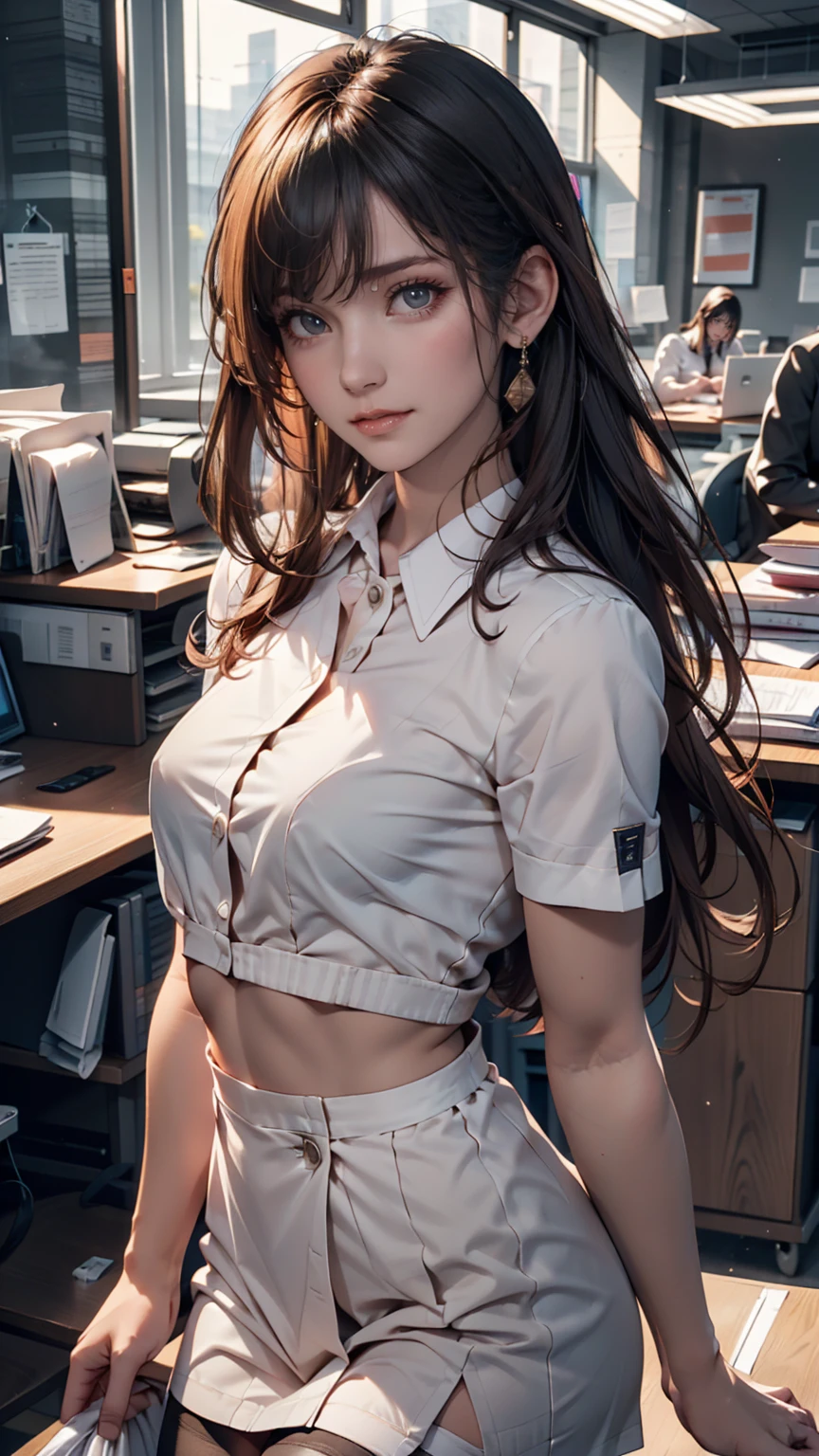  top quality,  full-body portrait , delicate face,  beautiful face,  big eyes: 1.1, compensate: 1.2,  25 year old woman,  slender body,  small bust, Office Lady Uniform,  white collar uniform for women, Office Uniform,  black stockings, Outdoor Scene,  standing,  long hair, nude, nude, nude