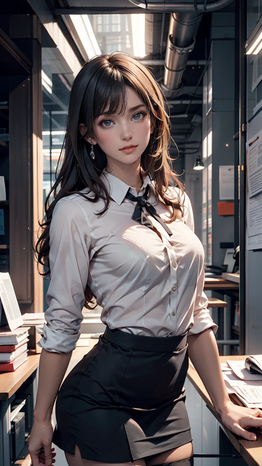  top quality,  full-body portrait , delicate face,  beautiful face,  big eyes: 1.1, compensate: 1.2,  25 year old woman,  slender body,  small bust, Office Lady Uniform,  white collar uniform for women, Office Uniform,  black stockings, Outdoor Scene,  standing,  long hair, nude, nude, nude