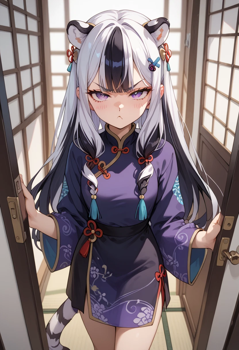 ((masterpiece)), anime lighting, 1girl, solo, long hair, white hair, black hair, multicolored hair, white tiger ears, white tiger tail, open eyes, purple eyes, half-lidded eyes, angry, pout, blushing, blocking doorway, looking at viewer, viewer POV, chinese clothes, purple clothes, black clothes, multicolored clothes, bun hairpins, standing in doorway.