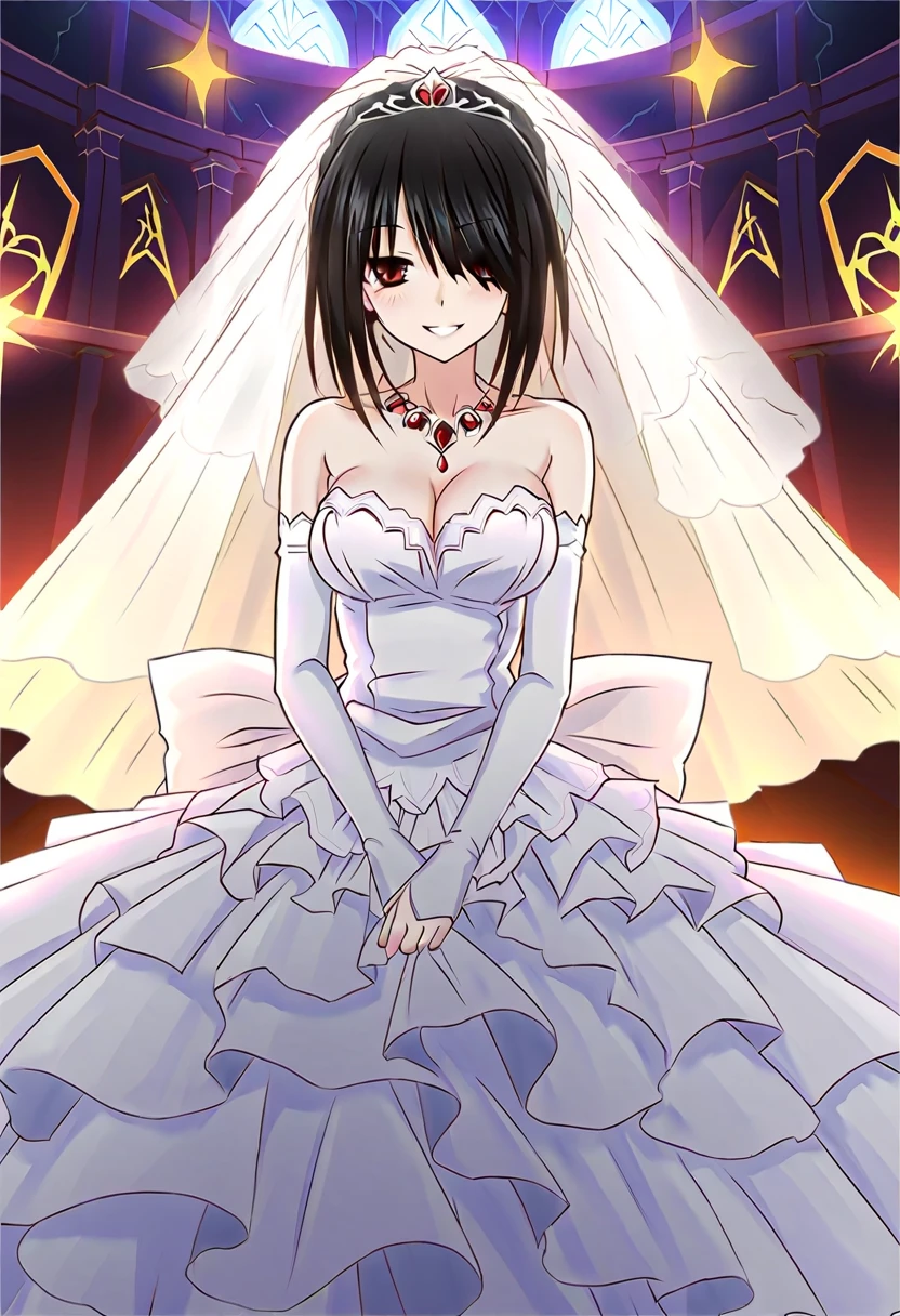 tokisaki kurumi,((masterpiece)),(((best quality))),((ultra-detailed)),((illustration)),((disheveled hair)),((frills)),(1 girl),(solo),1girl, mature female, large breasts, cleavage, white wedding dress, hair ornament, ball gown dress, long hair, black hair, red eyes, red lips, bedroom, night,