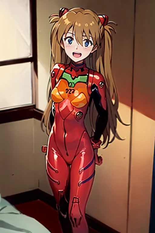 (( top quality)), ((masterpiece)), (be familiar with),  perfect face, indoor, bedroom,  watching viewers,
One woman,  Soryu Asuka Langley,
 open mouth,  with an ecstatic expression , blush, smile,
 small tits,  flat chested, Young girl, Lori,  s,  girl,
 long hair,  twin tails,
Leg spread,