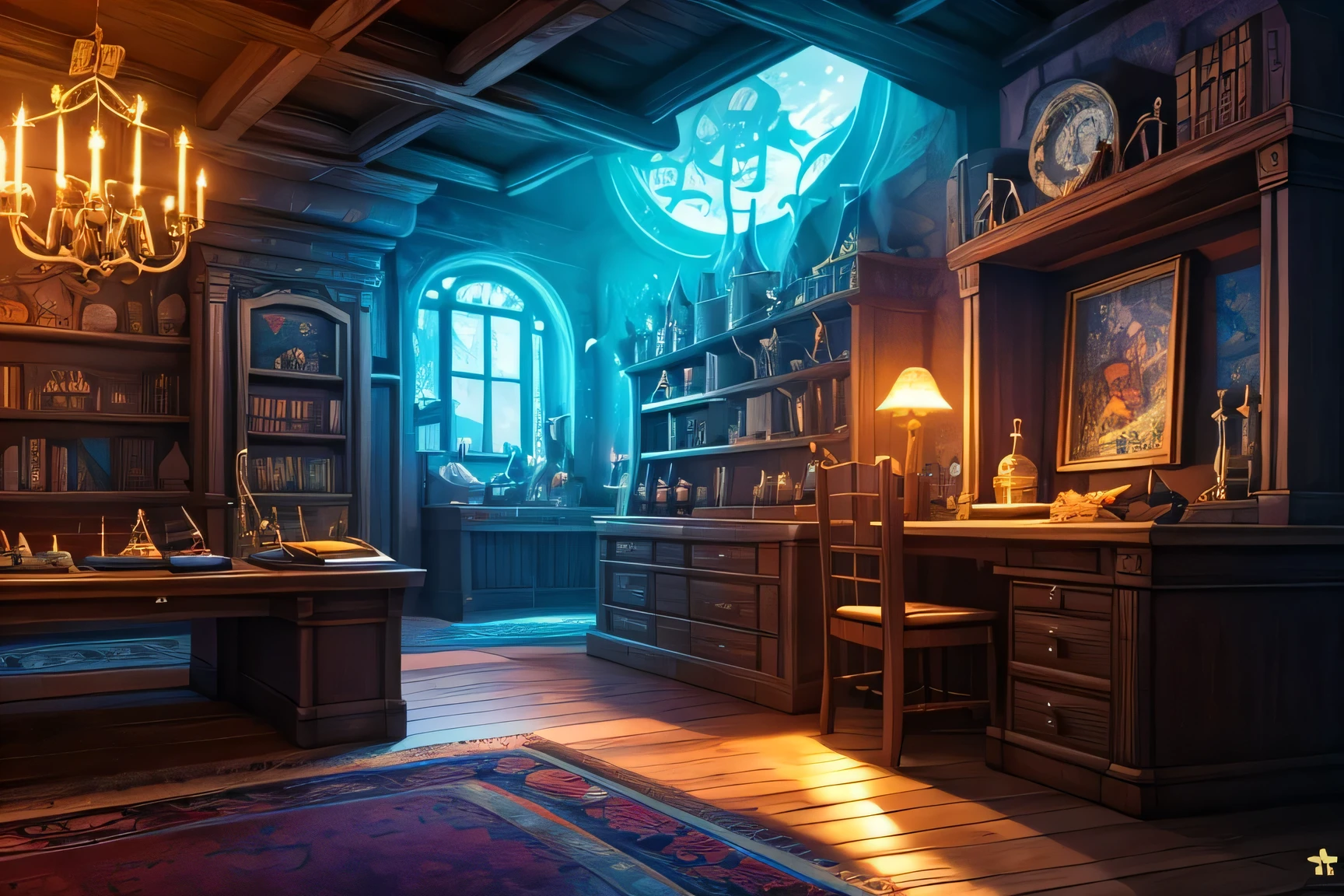 a close up of a room with a desk and a lot of stuffed animals, fantasy alchemist laboratory, magical environment, stylized urban fantasy artwork, digital 2d fantasy art, detailed digital 2d fantasy art, background art, interior background art, magic lab background, detailed fantasy digital art, digital fantasy illustration, realistic fantasy illustration, 3 d render stylized, 8k volumetric ilumination