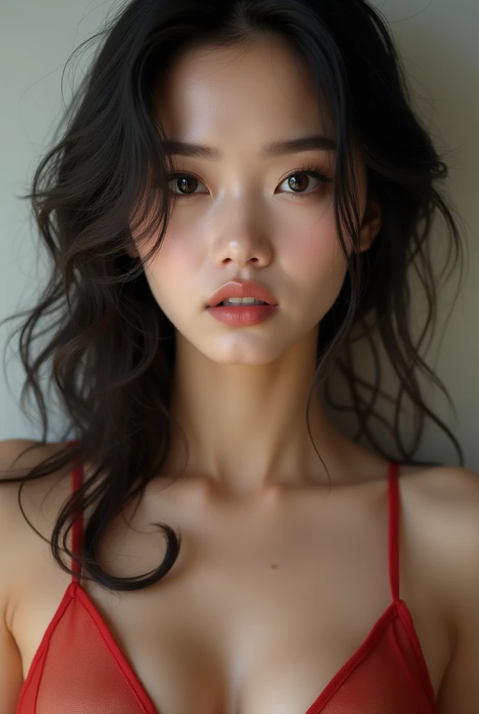 (in 8K、 Raw photography、top-quality,、hight resolution),、(hyper realisitic)、(realisitic),、Soft light、、girl with、Lifelike face、Realistic body、real looking skin、absurderes、​masterpiece、Cuties、独奏、Innocent eyes、blusher、Cinema Lights、cherry colored lips、The hair 、a closeup、looking at viewert、 Open lips,、Upper teeth,、(Smiling eyes:0.6)、eyes focus、professionally lit、CG Social Trends、Plastic En、((Black Long Hair))、((Beautuful Women))、(A smile)、Fashionable、(A sexy)、Hair that flutters in the wind、((Flowing hair))、Happy -、fashion magazine、((lighting like a movie))、(the woods)、((mountain hut))、the morning sun、((On the bet))、((lying back on))、((Red underwear))、((Red BRA))、((redPanties))、(hi)、(full bodyesbian)、