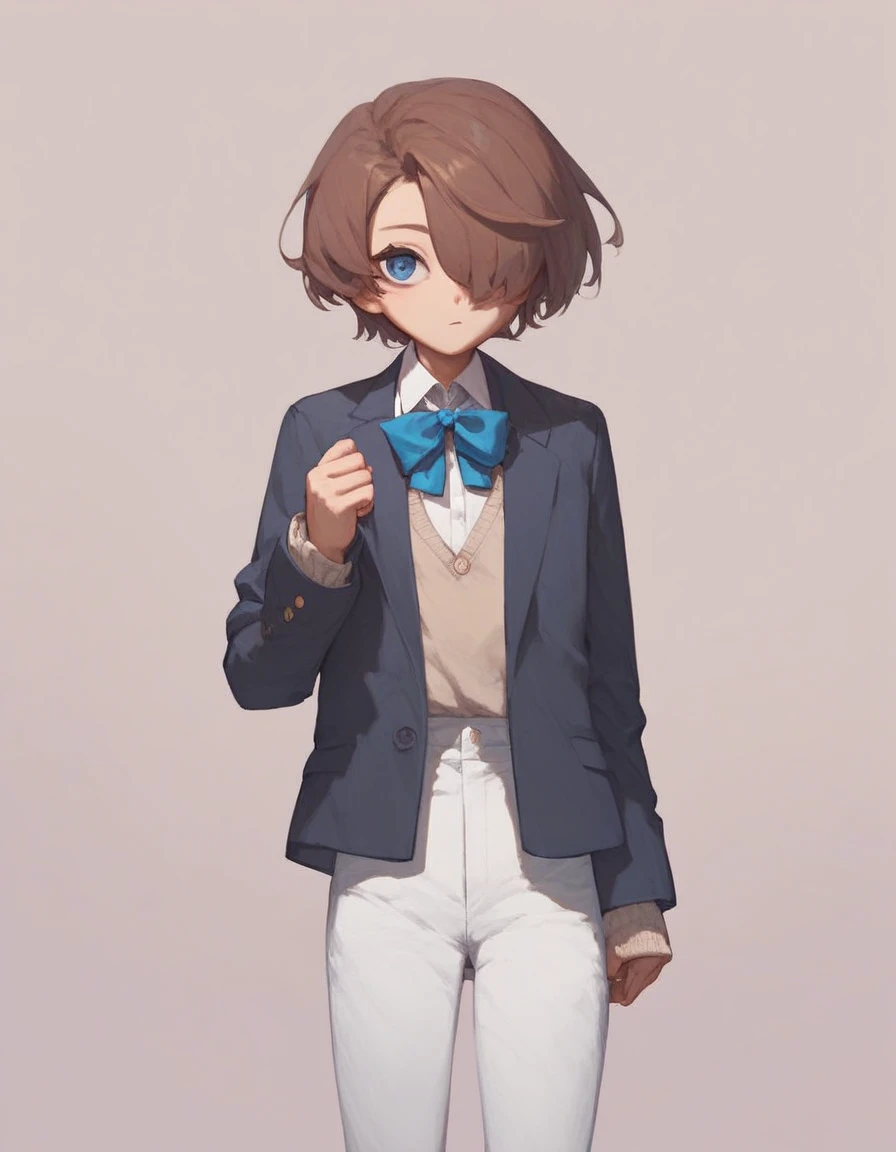 1girl, arimura mao, brown hair, blue eyes, short hair, hair over one eye, flat chest, blue ribbon, open jacket, blazer, neck ribbon, school uniform, collared shirt, white shirt, beige cardigan, white pants