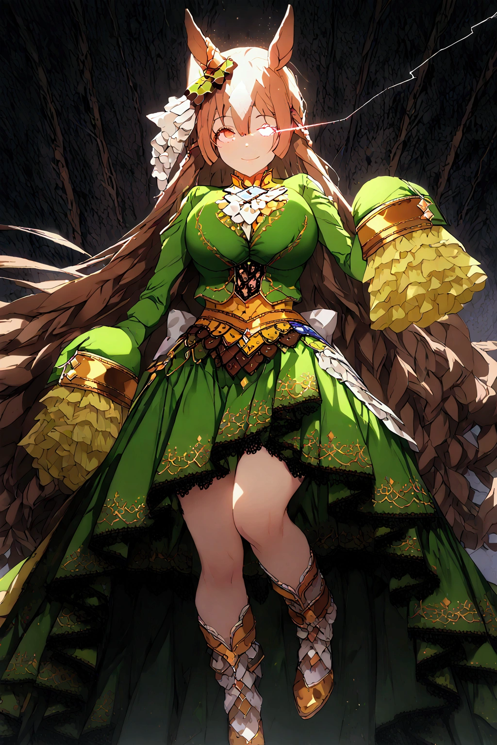 (((  Satono Diamond 1 )))、(((Brown Hair)))、(((White bangs)))、((( long hair on background)))、(((green satono diamond costume)))、(((Horse&#39;s ears)))、 Horse's Tail、((( Glowing Eye Trail  )))、(((smile)))、((( Darkness)))、(((Turf)))、「  top quality、  masterpiece  、 Illustration 、  Very Delicate and Beautiful  、 非常に Detailsな、CG、8k wallpaper、 wonderful、  Details、  masterpiece  、最高の究極の芸術 非常に Detailsな CG Unity 8k wallpaper」、((Big Breasts))、(( thick thighs))、(  Details Delicate Hair  )、(Delicate skin )、( Detailed and delicate face )、( Detailsで繊細な手 )、(  Details and Delicate Legs  )、(  Detailsで繊細な衣装)、(Perfect Legs)、(Perfect Arms)、(  perfect face)、(Wind and Lightning )