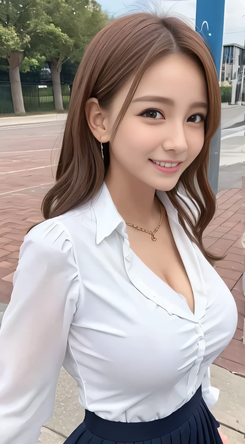  .................,,  In front of school、    skirt 、long-sleeved white shirt with ruffles on the chest、Plaid skirt 、On, , sakimichan,,   cute and cute ,   ,  Let me eat、Beautiful smile, sakimichan hdri、On、 、 Beautiful breasts  、,(Big Breasts:1.20),(:1)、  brown hair 、  brown hair の髪、、  short hair、 cute pose 、  close your mouth