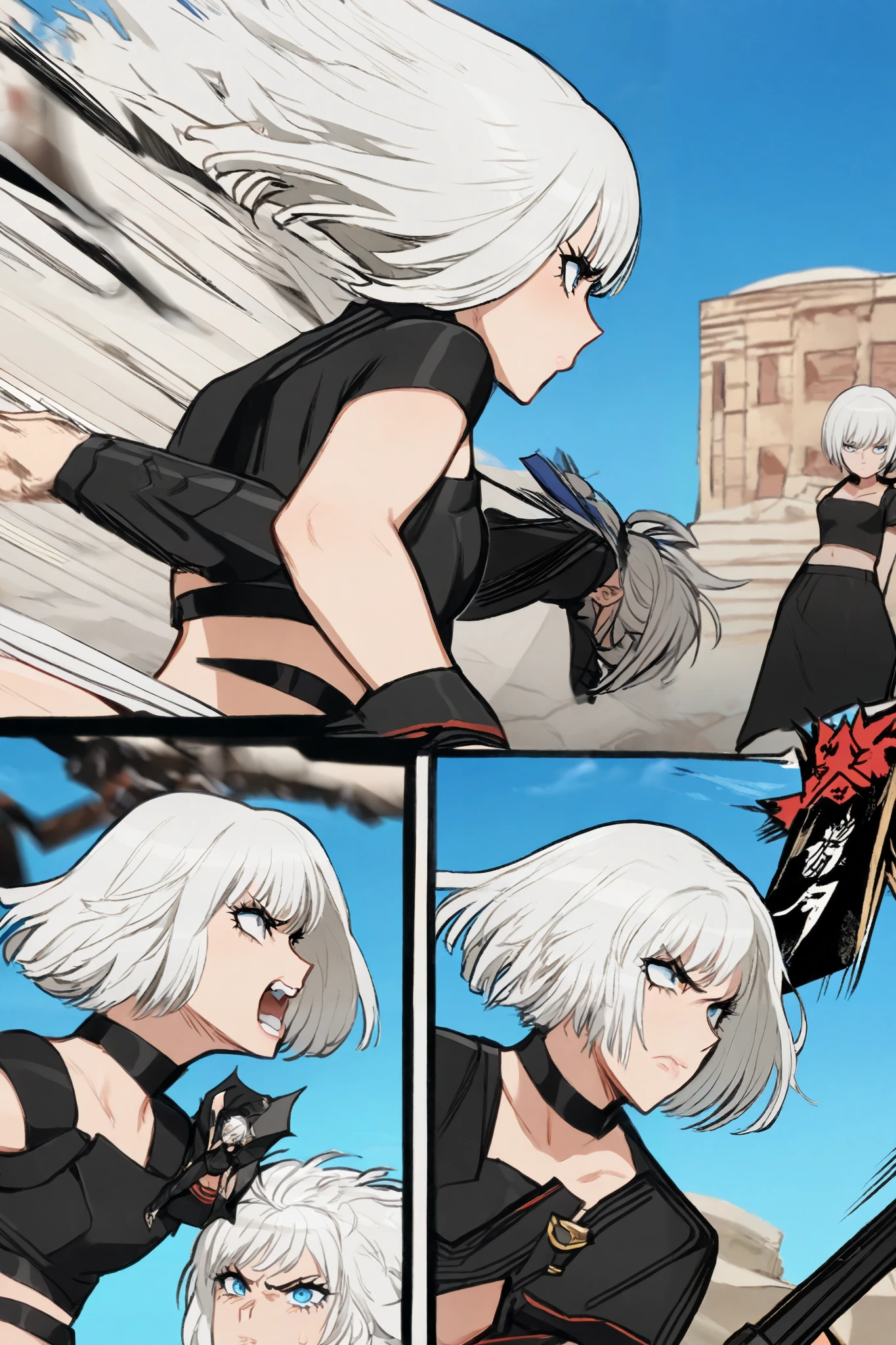 A girl the female character has short hair, white with blue, she is wearing a cropped top, and is, First frame the character standing looking forward,.In the second frame  fighting the male character, the male character has white hair, A black outfit, blue sky scenery, (HD), (lots of details), manga, comic book style, fighting poses ,(Perfect anatomy)