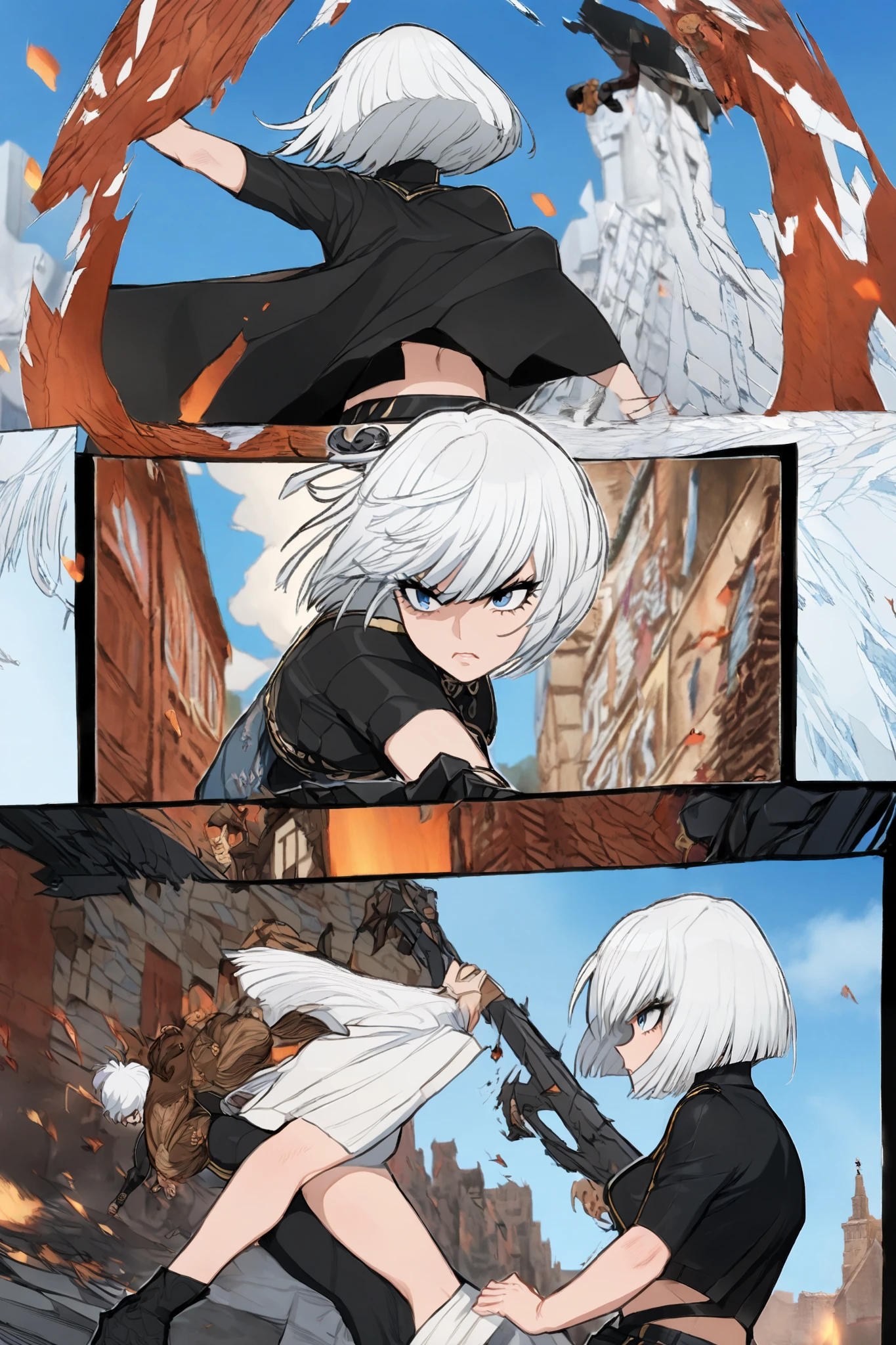 A girl the female character has short hair, white with blue, she is wearing a cropped top, and is, First frame the character standing looking forward,.In the second frame  fighting the male character, the male character has white hair, A black outfit, blue sky scenery, (HD), (lots of details), manga, comic book style, fighting poses ,(Perfect anatomy)