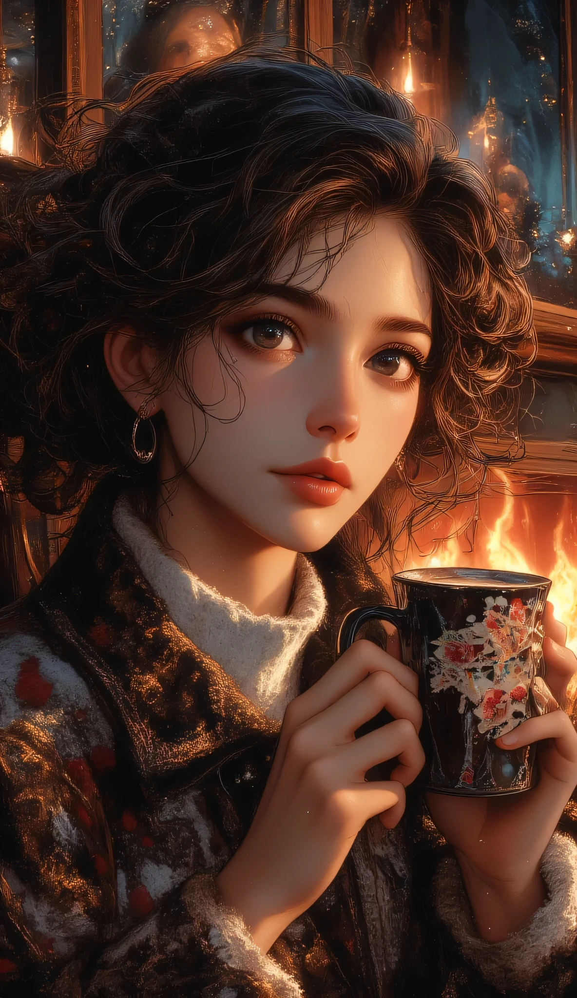 A beautiful woman with beautiful eyes:1.2, detailed eyes, beautiful full lips, highly detailed eyes and faces, long eyelashes, cute expression, smile, sitting:1.4, holding a cup of hot latte, homely background, Christmas sweater, fireplace, warm light, detailed lighting and shadows, anime style, 8k, Hi-Res, masterpiece:1.4, bright colors,
