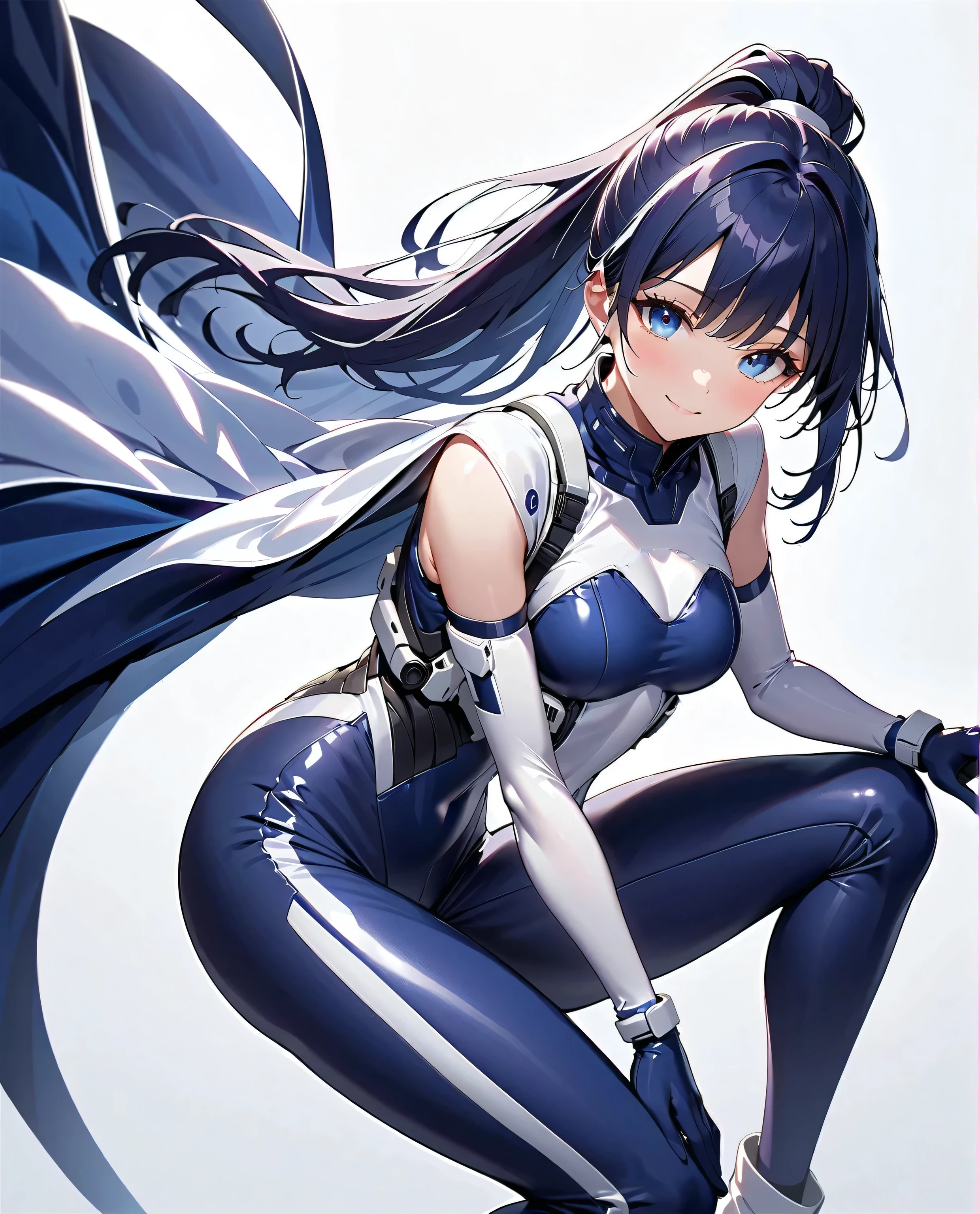 (masterpiece、Highest quality、Highest Resolution、Clear_image、Detailed details、The angle is from above): (A full-body view of a single girl with a Japanese face and small face、Navy blue high knot ponytail、Small breasts、Sparkling blue eyes、Pilot suit in white and navy blue colors、Tight fitting clothes、Clothing that covers the whole body、Tight Fit Pants、Clothes that hide the skin、Clothing that covers the thighs、Very delicate and beautiful、Slim body、Cute、A gentle smile、Soft expression、heroine、headset、Knee-high boots、Elbow-length gloves)、(White background:1.5)