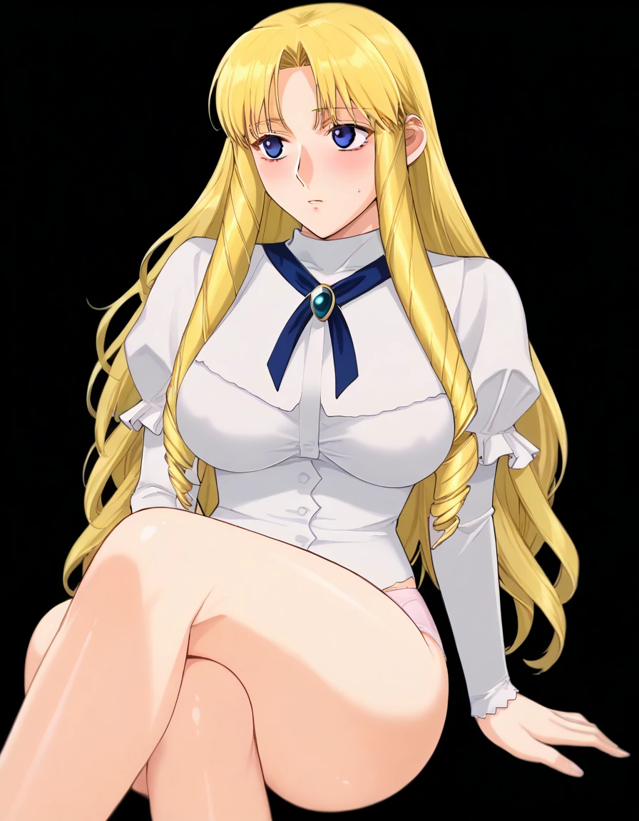 kazuyakiroda, score_7_up, source_anime, very aesthetic, absurdres, rating explicit, 1girl, solo, looking away, blush, (simple black background), sherry_belmont, blue eyes, drill hair, long hair, blonde hair, loose hair, straight hair, large breasts, underwear, sitting