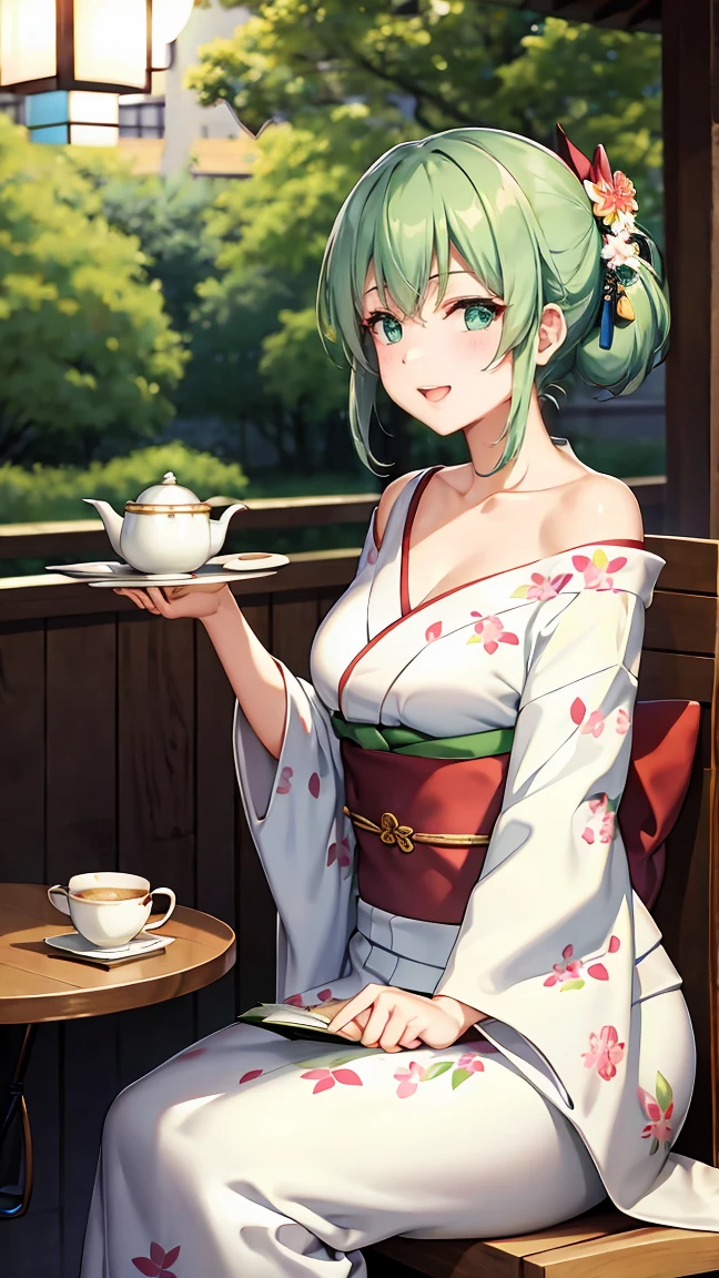 Girl with short green hair, Small breasts, Green Eyes, White Casual Wear Beauty Special、(((tits))),Full body photo from head to toe、Kimono、Patterned Japanese clothing、Cherry tree in full bloom、Fluttering petals、Tea Ceremony、Graceful Manners、Tea party、Chatting in a Japanese-style room