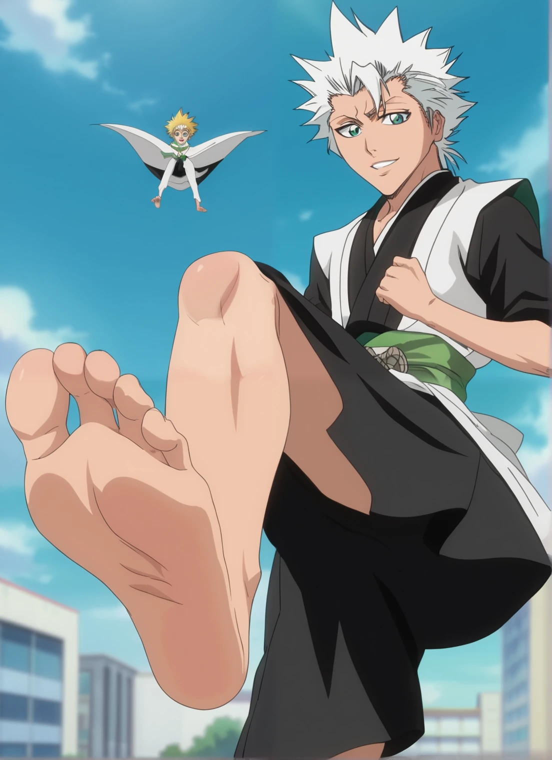 Score_9, score_8_up, source_anime, 1boy, Bleach, Toshiro Hitsugaya, big eyes, alone, looking at viewer, in the city, floating, low angle, lifting legs to show his soles, cowboy shot, ANIME SCREENCAP, anime coloring, barefoot, perfect feet, anatomically correct, soles, focal length 35mm, each foot has five toes, front, symmetrical soles, foot focus, smile

Hitsugaya is short, with turquoise eyes and short, spiked, white hair. He wears a standard sleeveless captain's haori with a green sash around his shoulders, held together by a round, star-like clip. The sash holds his Zanpakutō's sheath in place on his back and is tied to it at either end.