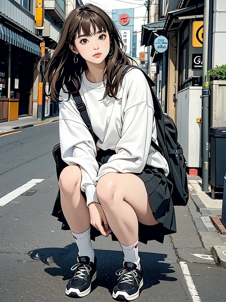 Street fashion、badness、Girl sitting languidly、Scenery that makes you feel autumn、Back alley、leaves falling、Slums