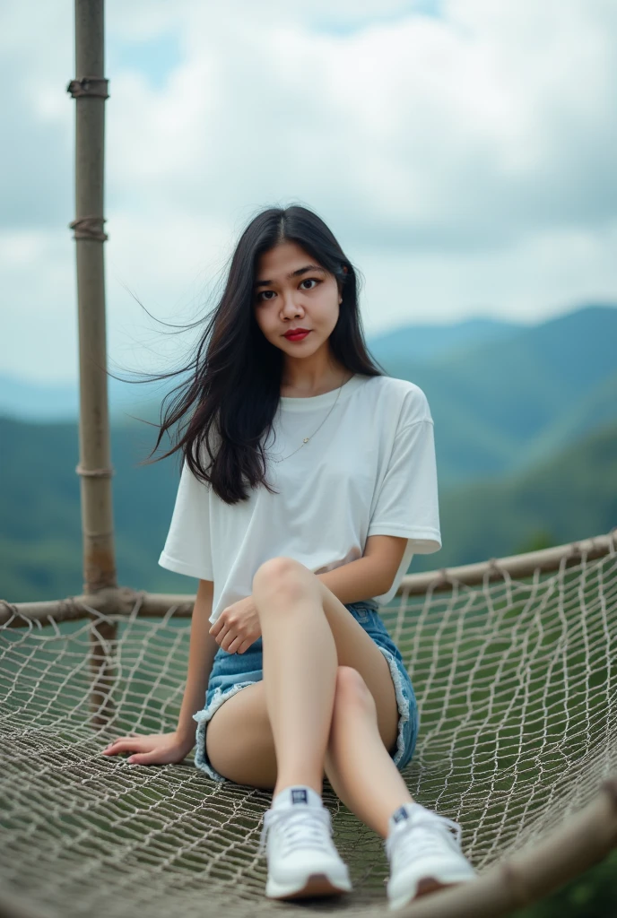 ((best quality)), ((masterpiece)), (detailed),profesional potrait In the image, there is an asian woman with long black hair, wearing a white t-shirt, denim shorts, and white New Balance shoes, sitting on a large net suspended above a beautiful landscape. The net appears to be part of an outdoor relaxation or viewing area, with a view of hills and cloudy skies in the background. The setting is interesting because it combines a man-made structure with the natural environment, offering a place to relax or reflect while immersed in nature.