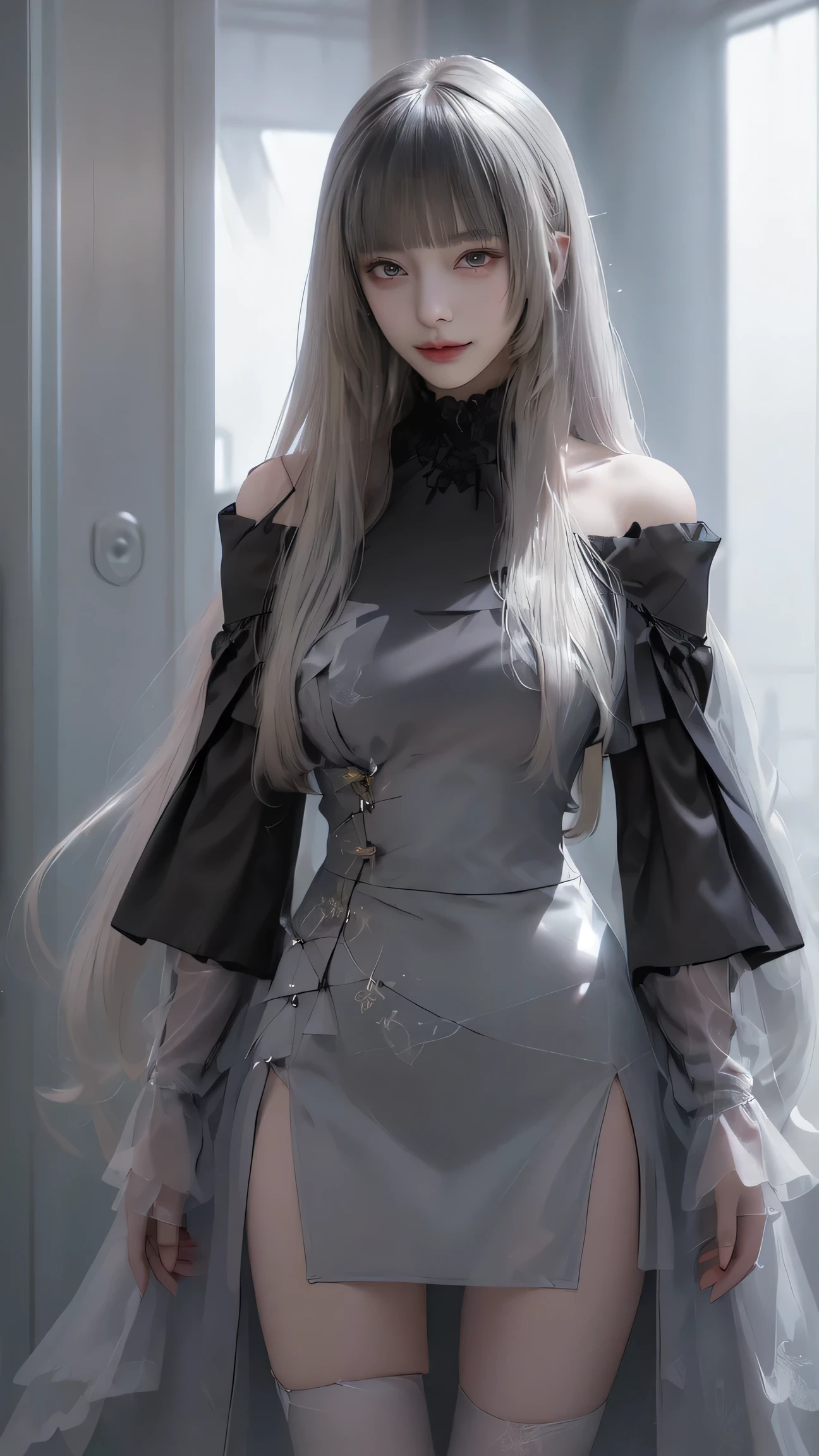 Fluorescent Color、 1 girl in uniform、Look to the side、 beautiful face、( beautiful eyes)、((Dark blue eyes)),( translucent off-the-shoulder white dress 、 miniskirt:1.2)、( black lace stockings )、 long legs 、 high heels、 shiny white hair 、Pubic Skin 、Reduced glare emission 、Finger ratio adjustment、dark、butt subjective、 dynamic angle 、((Master part)))、((( Ultra-detailed))、(Illustration)、(( very delicate and beautiful ))、Dramatic_ombre、lightning strike_tracing、reflection、 super high resolution、 woman walking around small dots of light around her 、 your silver hair is blown by the wind 、 staring at blooming red tulips glowing around her dark blue eyes々、 silver-haired woman、 dots of light and shining snowflakes 、A woman in a dark place full of shining butterflies、 silver-haired woman、 light spots around a woman 、 Whimsical Charm 、supernatural aura、超 Whimsical Charm silver-haired woman,((erect nipples)),( shining through pink )、
