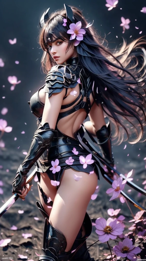 {best quality}, {very aesthetic}, {ultra-detailed}, nsfw, ((arched back))、 sexy female character wearing black armor as a warrior from the Sengoku period 、((realistic))、((long, flowing hair))、((dark brown hair ))、((toned body))、(glistening skin)、 tight body、((mega breasts 1.8))、 plump breasts 、 plump thighs 、 black armor with a viola flower pattern engraved on it、((underboob))、(  wear a cape with a viola flower pattern )、(drape skirt)、 black shin guard with a black viola flower engraved on it、Black high-leg underwear 、Black tights、 absolute domain、(holding katana)、Dramatic lighting、Brilliant sunrise、 on top of the hill、((Black flowers are dancing ))、((Black flowers in full bloom are blooming in the background ))、(( Large black flowers in full bloom are blooming on the front))、 cinema-like scene 、 Max Image、 Ultra High Definition、8k、masterpiece、crisp quality、