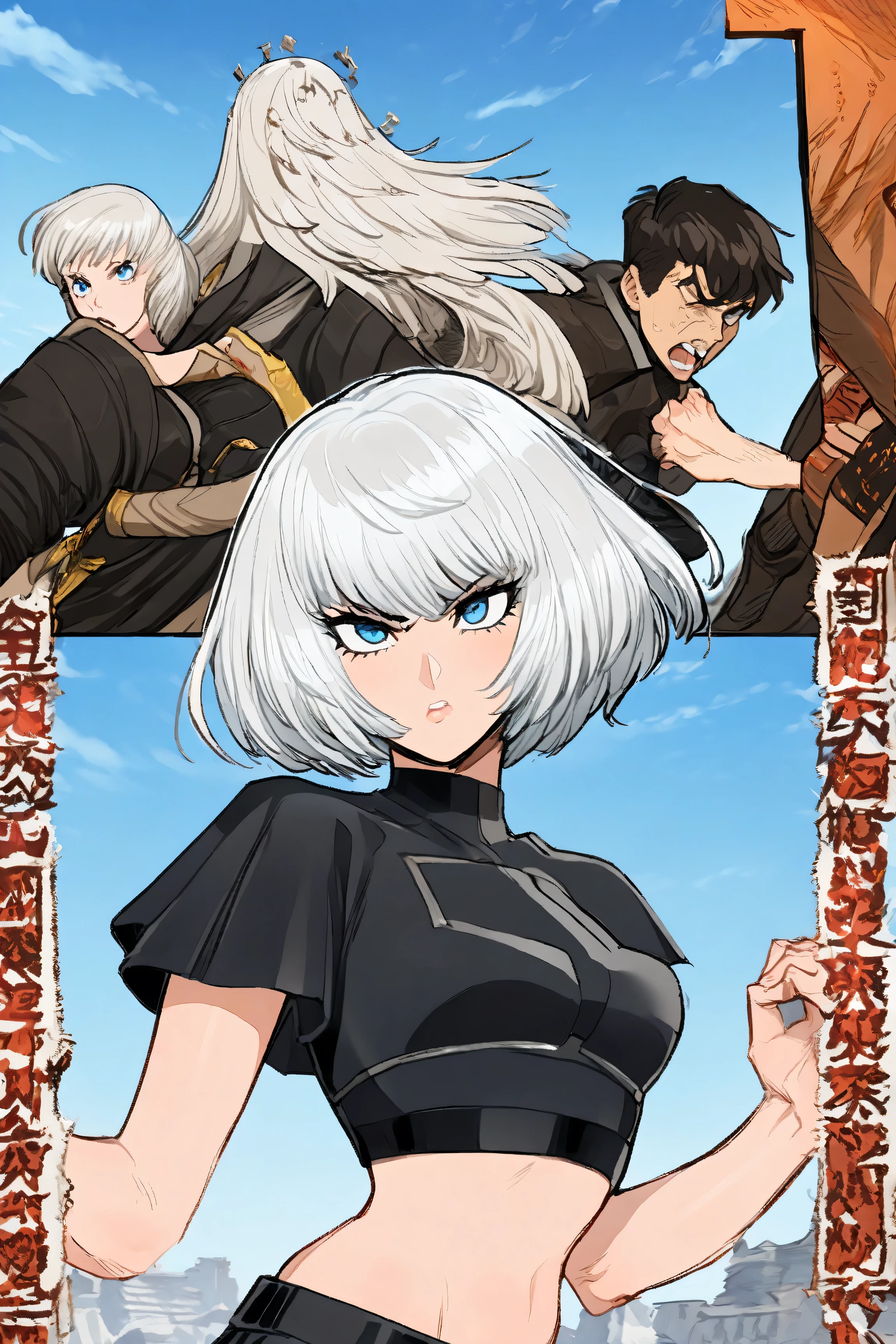 A girl the female character has short hair, white with blue, she is wearing a cropped top, and is, First frame the character standing looking forward,.In the second frame  fighting the male character, the male character has white hair, A black outfit, blue sky scenery, (HD), (lots of details), manga, comic book style, fighting poses ,(Perfect anatomy)