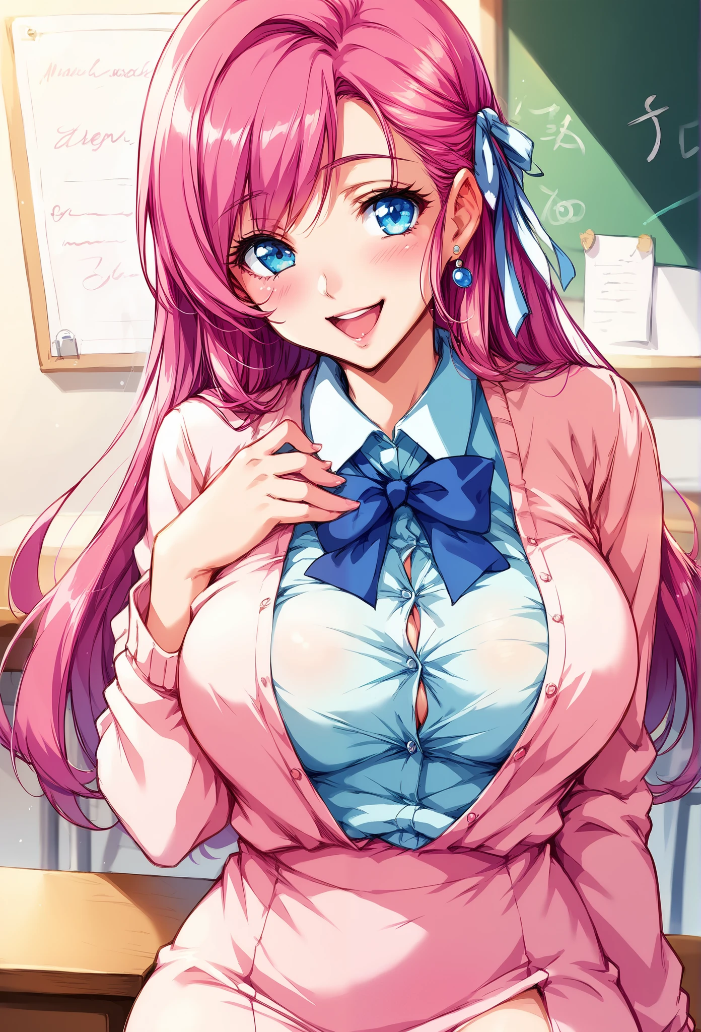 score_9, score_8_up, score_7_up, 1girl, pink hair, long hair, blue eyes, teacher, dress, smile, happy, shy, solo, sexy and curvy body, mid thigh, adult