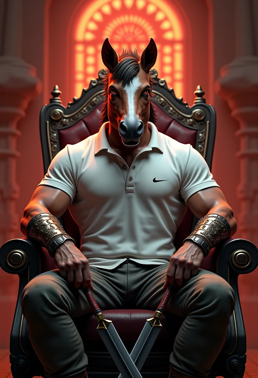  A hyperrealistic 3D rendering of a powerful , Man with horse head,  one day a mortal warrior who defeated Ares and ascended as the new God of War.  he sits on a grand throne , Exuding authority and strength,  with piercing red eyes and brown hair , with a muscular body , wielding the iconic Blades of Chaos .  His outfit is a white polo shirt and camouflaged pants ,  He looks at the viewer with seriousness , Intense Look,  as if challenging someone to oppose him .  lighting and cinematic angles ,  with soft backlighting and detailed color gradients ,  add depth to the scene ,  emphasizing your divine aura .  a rich color palette , vibrant, more realistic,  highlights every aspect ,  of your fur to your armor . : 'I don't owe you anything . high quality, CyberRealistic,  photorealistic , AddXL,  with intricate details ,  depth of field,  and long exposure for dramatic effect .",